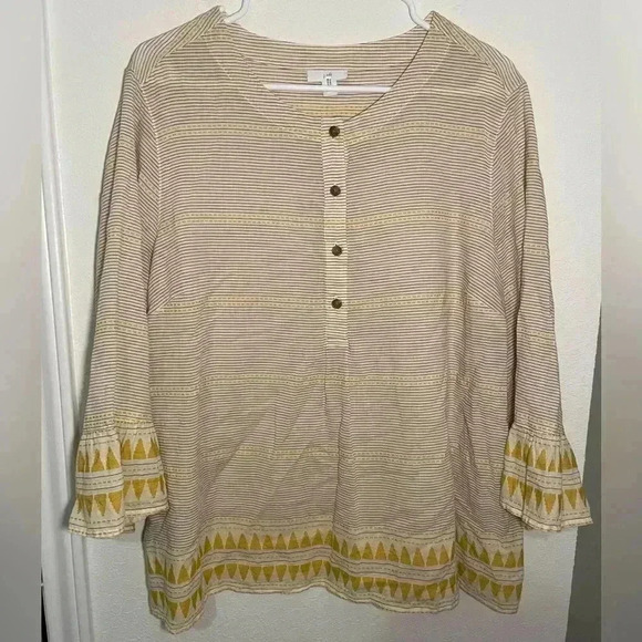 J Jill Top Beige Yellow Stripe Aztec Boho Flounce Sleeve Blouse Organic Cotton - Picture 2 of 10